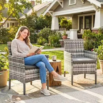 Outsunny Gartenstuhl 2er-Set Polyrattan mit abnehmbaren Kissen, grau
