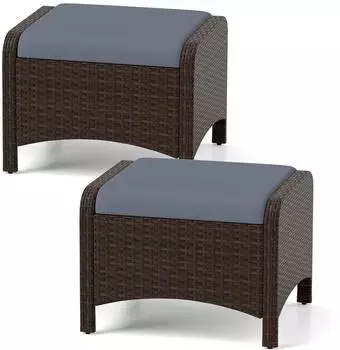 Costway Gartenhocker 2er-Set Polyrattan mit abnehmbarem Kissen, grau