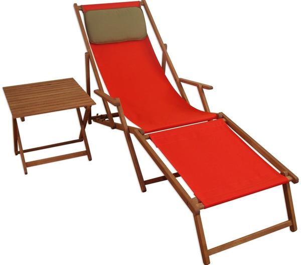 Erst-Holz Liegestuhl rot Fußablage Tisch Kissen Deckchair Holz Sonnenliege Gartenliege Buche 10-308 F T KD