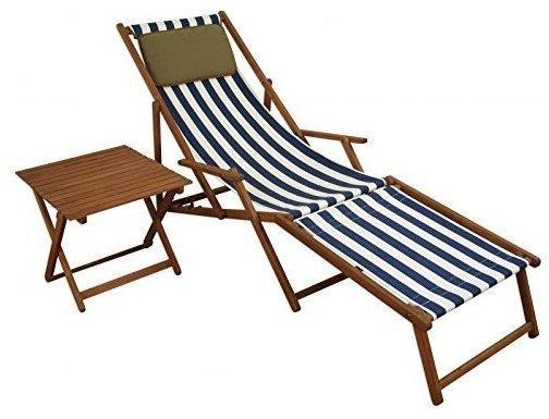 Erst-Holz Liegestuhl blau-weiß Fußteil Tisch Kissen Gartenliege Deckchair Buche Sonnenliege 10-317 F T KD