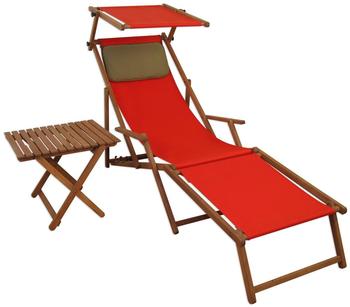 Erst-Holz Liegestuhl rot Fu&szlig;teil Sonnendach Kissen Tisch Gartenliege Holz Sonnenliege Buche 10-308 F S T KD