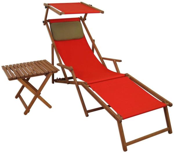 Erst-Holz Liegestuhl rot Fußteil Sonnendach Kissen Tisch Gartenliege Holz Sonnenliege Buche 10-308 F S T KD