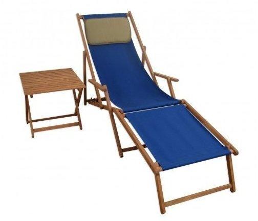 Erst-Holz Liegestuhl blau Fußablage Tisch Kissen Deckchair Sonnenliege Gartenliege Holz 10-307 F T KD