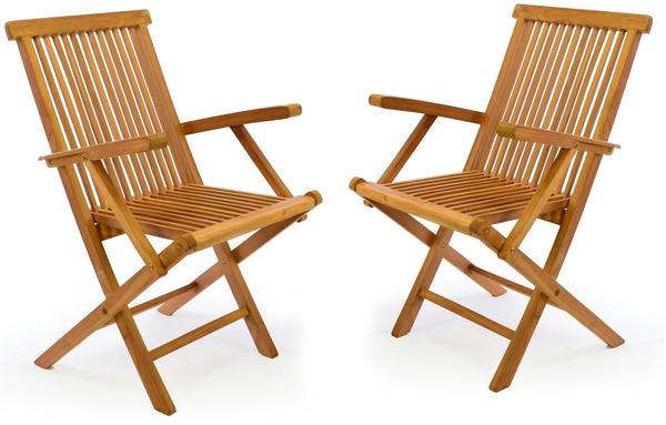 Divero 2er-Set Klappstuhl Teakstuhl Gartenstuhl Teak Holz Stuhl mit Armlehne für Terrasse Balkon Wintergarten witterungsbeständig behandelt massiv klappbar natur