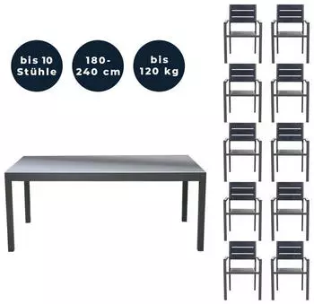 Home Deluxe SOL MADERA Gartensitzgruppe Aluminium ausziehbar 180–240cm, 10 Stühle