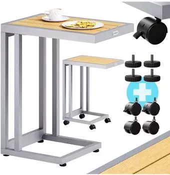 Casaria Beistelltisch C-Form 50x40x66cm Metall/WPC Rollen wetterfest cremewei&szlig; (109681)