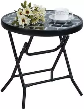 LuxusKollektion Klappbarer runder Beistelltisch Glas/Metall, schwarz, 46x46x48cm