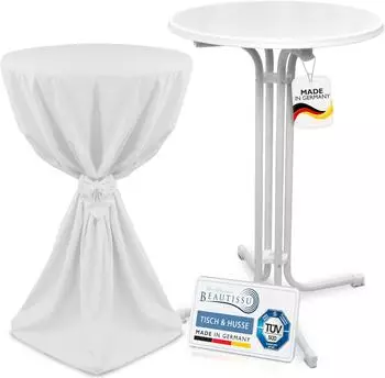Beautissu Stehtisch Sylt klappbar, &Oslash;70cm, wei&szlig;, mit Husse