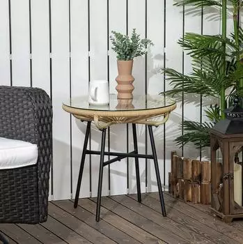 OKWISH Beistelltisch rund PE-Rattan/Glas beige 50x50x50cm