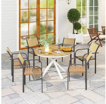 Outsunny Gartentisch rund, Aluminium, Teakoptik, Ø118cm