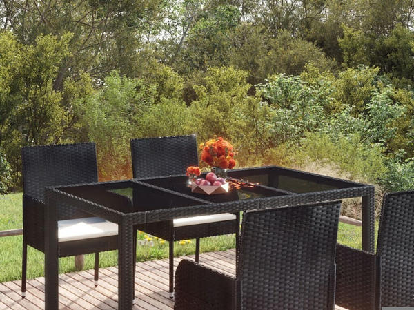 vidaXL Gartentisch mit Glasplatte schwarz 150x90x75 cm Poly Rattan