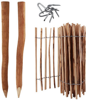 Aquagart Staketenzaun Komplett-Set 90 cm hoch Lattenabstand 4-6 cm mit 5 Holzpfosten 1,5 m lang & Krampen 5 m