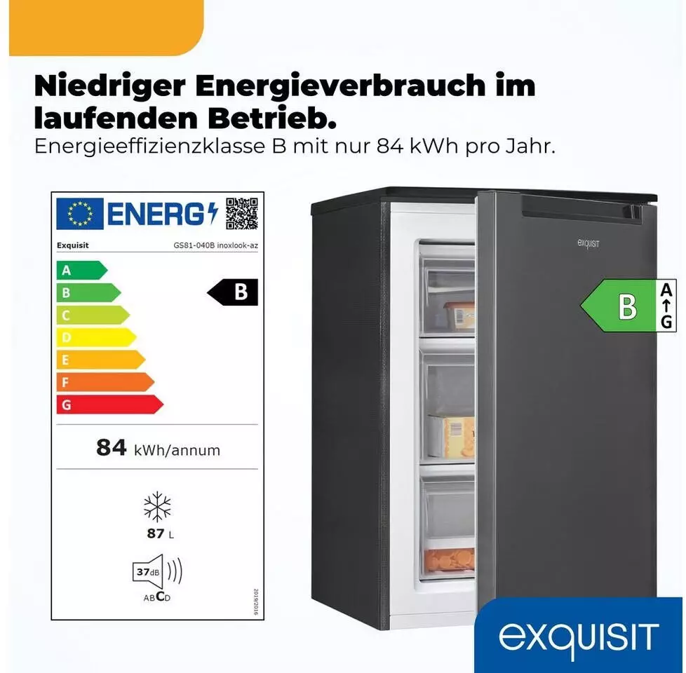 Exquisit Gefrierschrank GS81-040C – 87 Liter, 4 Sterne, Türanschlag Wechselbar, Energieeffizienz C, Schwarzes Design, 85,5 X 54,5 X 58 Cm