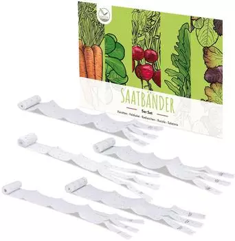 HappySeed Saatband 5er-Set Karotten, Radieschen, Rucola, Feldsalat & Pflücksalat (5m)
