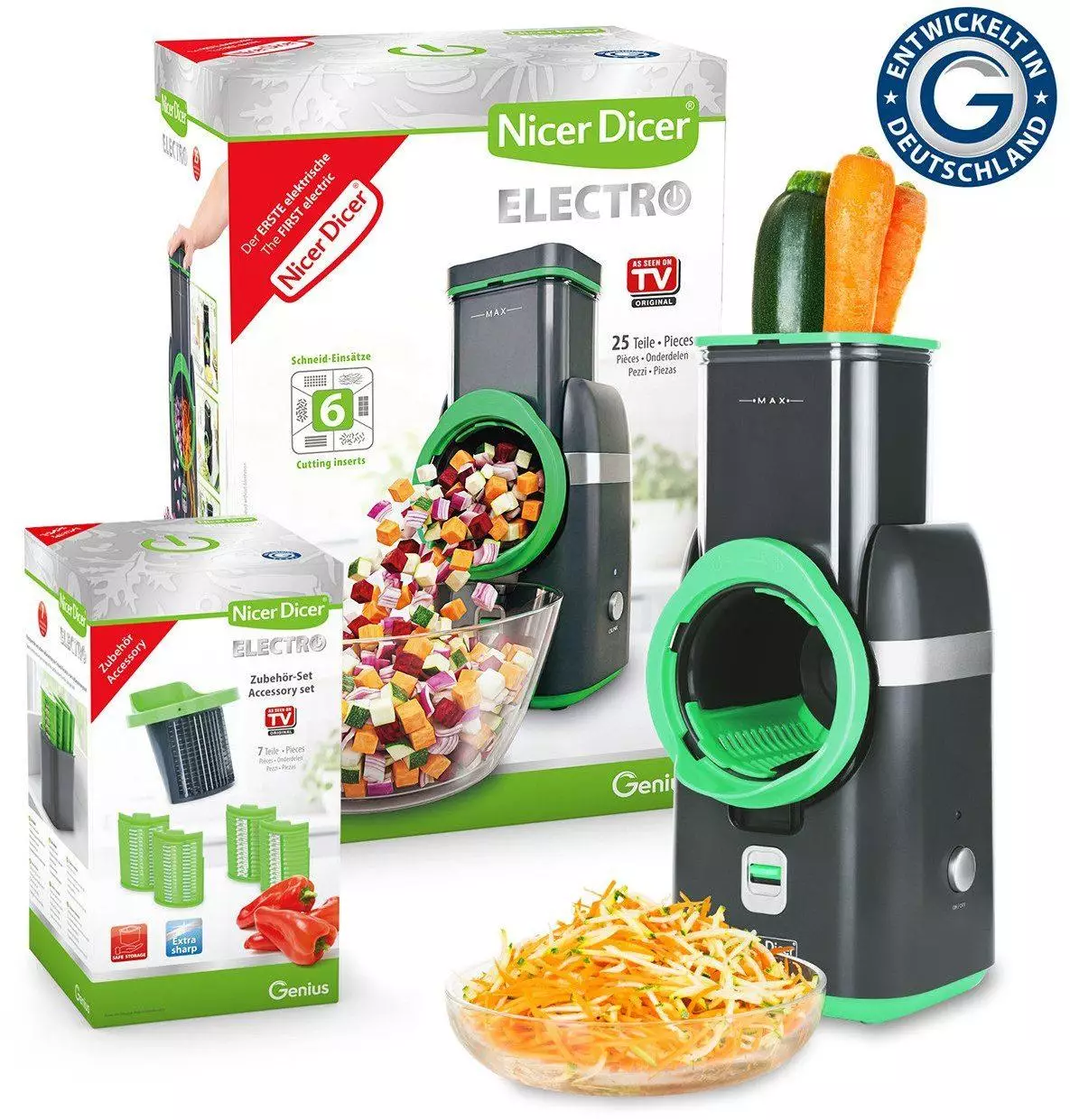 Genius Nicer Dicer Electro Gemüsehobel Deluxe 32-tlg Gemüseschneider-Set ab 129,94€