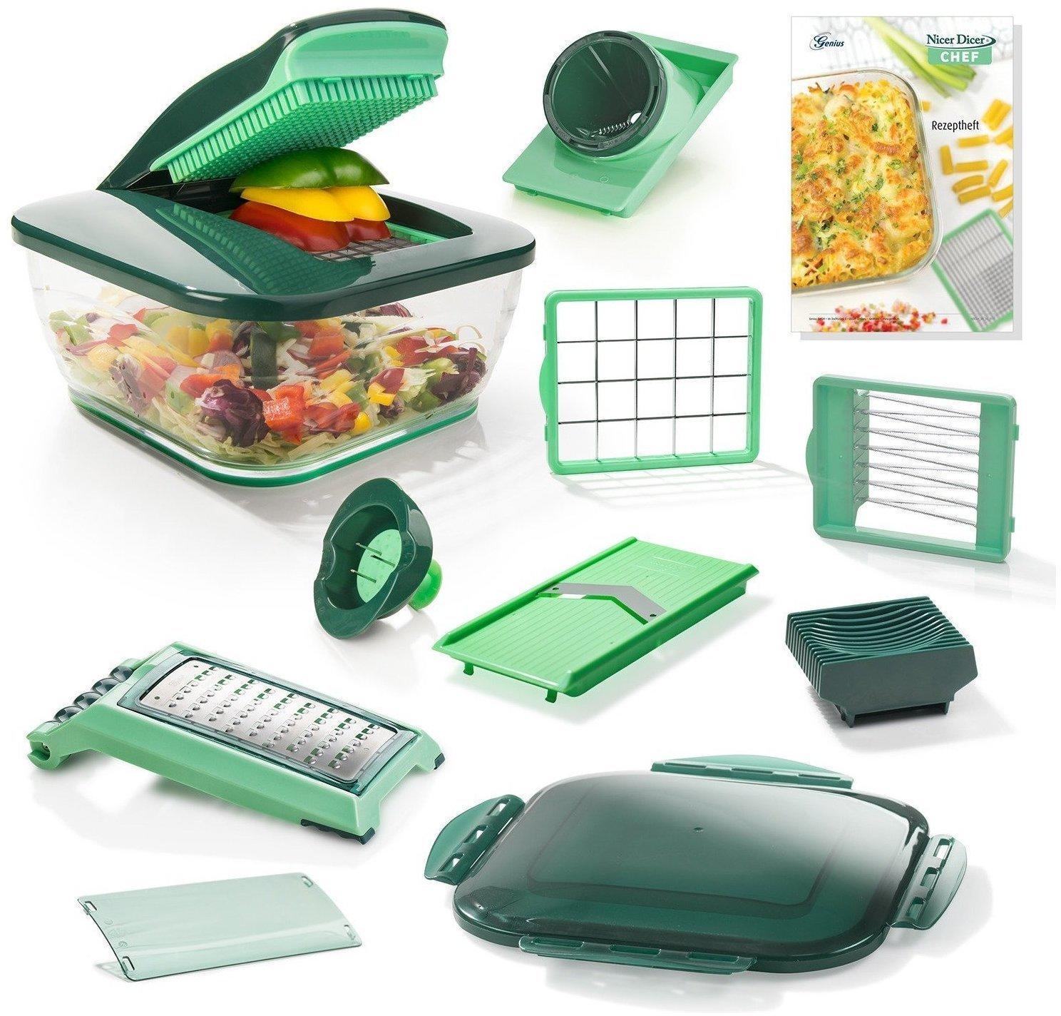 Genius Nicer Dicer Quick Tritatutto 5 In 1 – Taglia Verdura E Frutta Con Lame In Acciaio G-NOX, 30 Cubetti O 10 Fette In Un Clic, Verde