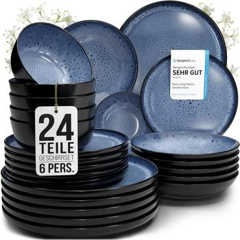 Pure Living Steingut Geschirrset Ibiza 24-tlg Tiefblau