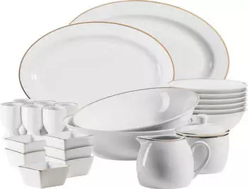 Mäser Professional Dining Zubehör Set aus Müslischalen, Eierbechern, Schüsseln, Zuckerdose, Milchkännchen, Dipschälchen und Servierplatten, 24-teilig, Weiß mit Goldrand (931735)