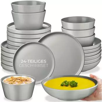 TecTake Geschirr-Set Tafelservice Una, aus Steingut, f&uuml;r 6 Personen (24-tlg), 6 Personen, Steingut, f&uuml;r 6 Personen, Grau