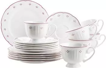 M&auml;ser Serie Lova, Kaffeeservice 18-teilig Porzellan 6 Dessertteller 19,5 cm, 6 Tassen 19 cl & 6 Untertassen 15,5 cm, Rot