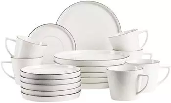 Mäser Serie Sita, Teller Set für 6 Personen, Essgeschirr aus weißem Porzellan mit schwarzem Rand, schlicht, elegant, Porzellan, weiß