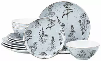 CreaTable 24819, Vintage Flowers Stein, Tellerset 12-tlg, Steinzeug