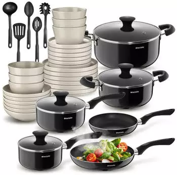 TecTake K&uuml;chenstarterset, Schwarz, Taupe, Keramik, Rund, 26x4.8x45.5 cm, Essen & Trinken, Geschirr, Geschirr-Sets