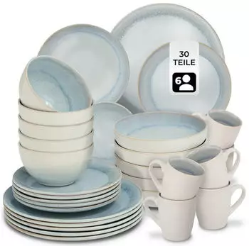 TecTake Geschirr-Set Kombiservice (30-tlg), 6 Personen, Steingut, f&uuml;r 6 Personen, handgefertigt, Grau