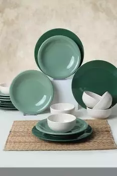 Hermia Concept Geschirrset 18-teilig, Keramik, Grün/Weiß, Spülmaschinen- & Mikrowellengeeignet (275KRM1970)