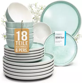 Pure Living Ibiza Geschirrset Steingut, 18-tlg., 6 Personen, türkis (54271)