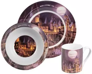 United Labels Harry Potter Fr&uuml;hst&uuml;cksset Kinder, Hogwarts-Motiv, Porzellan, 3-teilig (0132816)