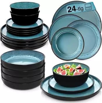 S&auml;nger Vigo Tafelservice 24-teilig, Steingut, blau mit schwarzem Rand