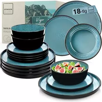 S&auml;nger Vigo Tafelservice 18-teilig, Steingut, blau mit schwarzem Rand (Vigo)