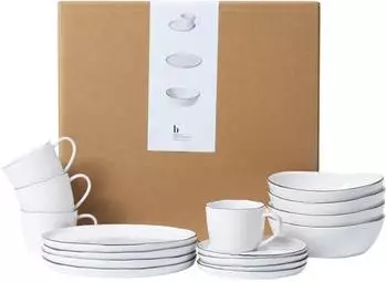 Broste Copenhagen Salt Frühstücksset 16-teilig, weiß mit schwarzem Rand, Porzellan (80019812)