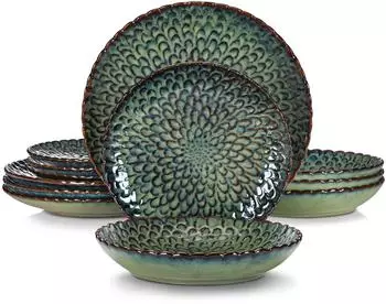 Vancasso CHRYS Geschirrset Steinzeug, Blumendesign, grün, 12-tlg. für 4 Personen