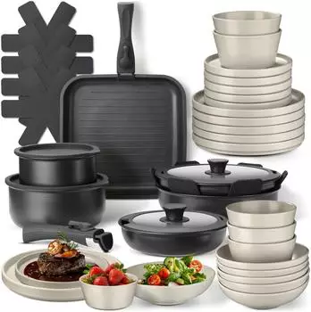 TecTake K&uuml;chenstarterset Una/Parma 6-teilig, Steingut, Antihaftbeschichtung, schwarz/taupe