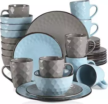 LuxusKollektion Kombiservice Steingut 32-teilig, blau/grau, f&uuml;r 8 Personen