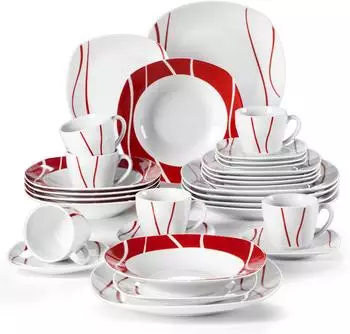 MALACASA Felisa Tafelservice 30-tlg. 6 Personen Rot/Weiß