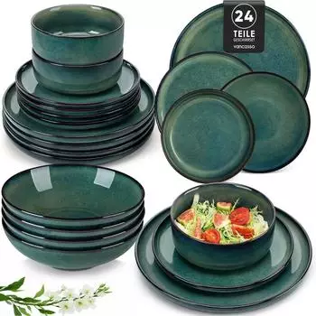 LuxusKollektion Geschirrset 24-teilig, Steingut, gr&uuml;n, f&uuml;r 6 Personen