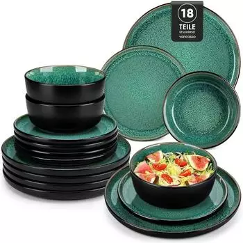 LuxusKollektion Geschirrset 18-teilig f&uuml;r 6 Personen, Steingut, gr&uuml;n
