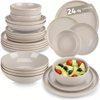 LuxusKollektion Geschirrset 24-teilig, Steingut, soft beige, für 6 Personen