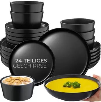 TecTake Geschirrset "Una" 24-teilig Steingut schwarz, 6 Personen