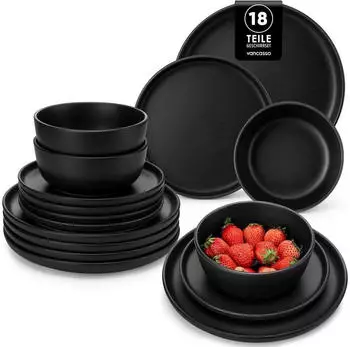 LuxusKollektion Geschirrset 18-teilig für 6 Personen, Steingut, schwarz