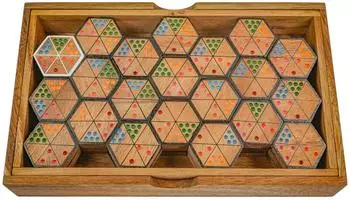 Hexadomino Sechseck-Domino Gesellschaftsspiel aus Holz, 63 Spielsteine