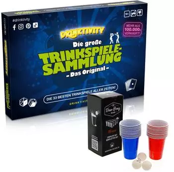 Drinktivity + Beer Pong Set Bundle, 33 Trinkspiele, 22 Becher, 3 B&auml;lle, 18+