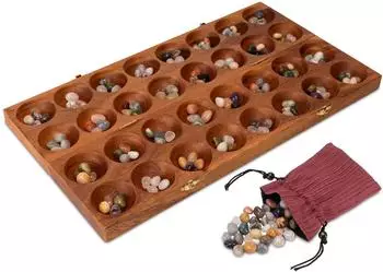 Hus Samena Mancala Brettspiel aus Holz, 2 Spieler, klappbar 44x26cm