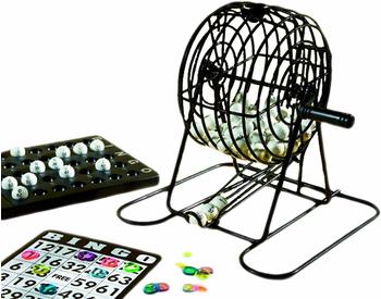 Bingo-Maschine mit 75 Kugeln, Chips und Spielkarten