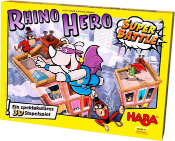 Haba 303205-Rhino Super Battle, spannende 3D-Stapelung für Kinder ab 5 Jahren, Geschicklichkeit Rhino Hero, empfohlen vom Jurat des Jahres (303205)
