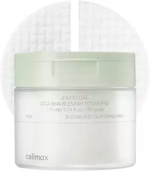 Celimax Ji Woo Gae Cica BHA Blemish Toner Pad dischetti esfolianti per pelli sensibili con tendenza all'acne 60 pz