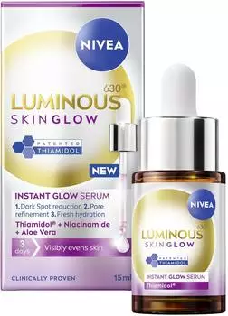 Nivea Luminous 630 Even Glow Serum with Thiamidol 15ml Serum for Face with Niacinamide and Aloe Vera Refines Pores and Hydrates for Clear and Glowing Skin